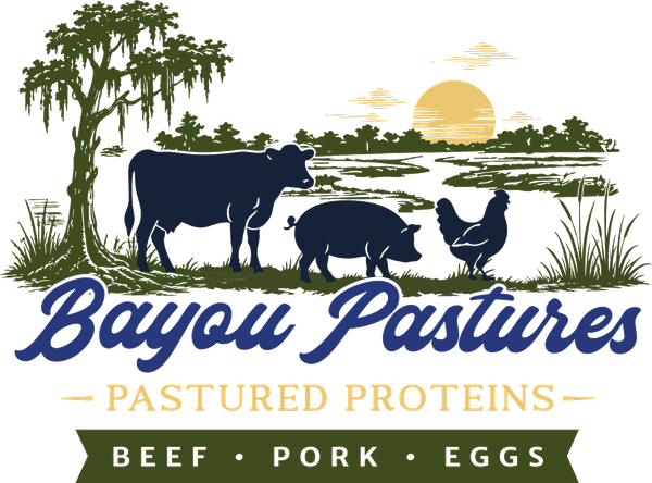 Bayou Pastures logo featuring a bayou scene with a cow, pig, and chicken